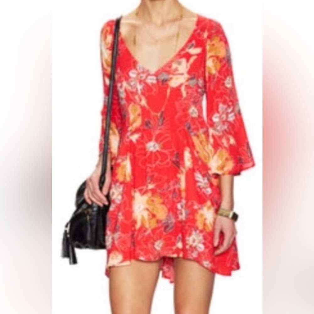 Free People All Eyes on You Mini Swing Dress Floral Red (Size 0)